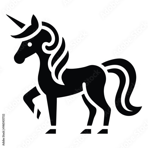 Black silhouette of majestic unicorn with horn and flowing mane stands elegantly