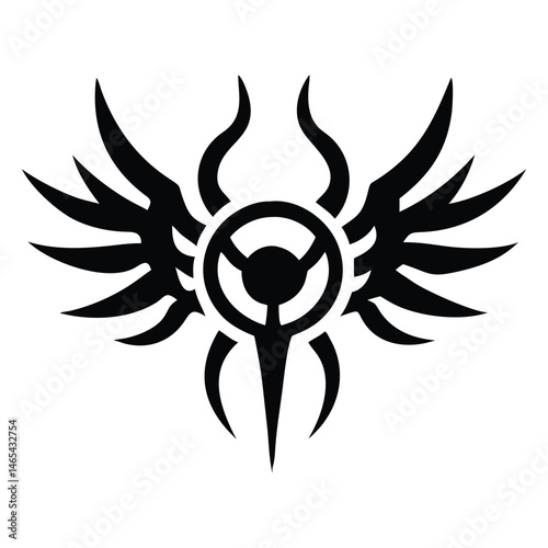 Black tribal features stylized wings, horns, and a circular emblem design
