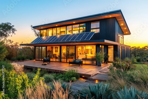 Modern, sustainable home exterior at sunset.