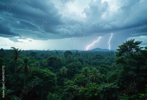 Majestic lightning strikes illuminate dense jungle during a stormy afternoon in a tropical location