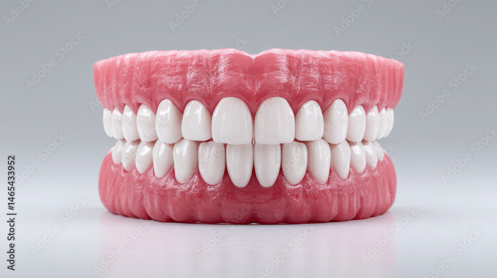 Obraz premium Detailed rendering of perfectly symmetrical set of teeth, showcasing dental structure with focus on white enamel and pink gums. This highlights importance of dental aesthetics and oral health