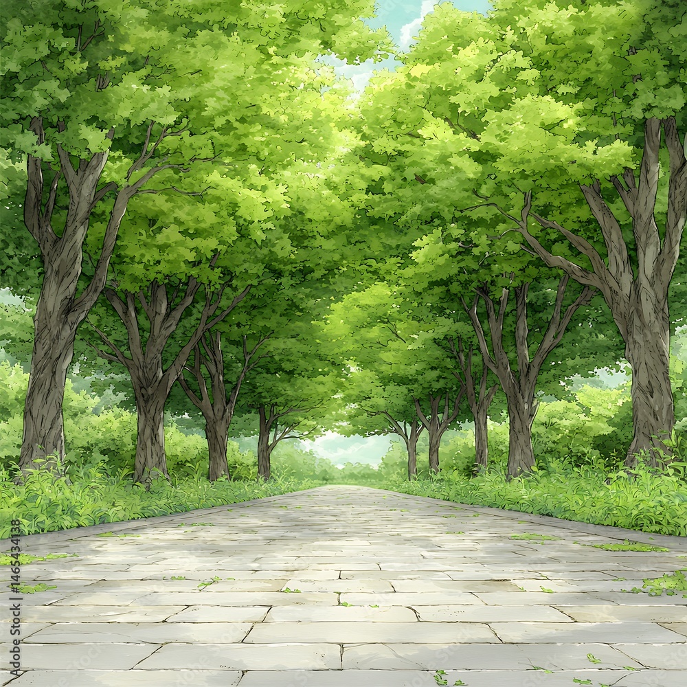 Fototapeta premium Sunlit Path Through Lush Green Trees