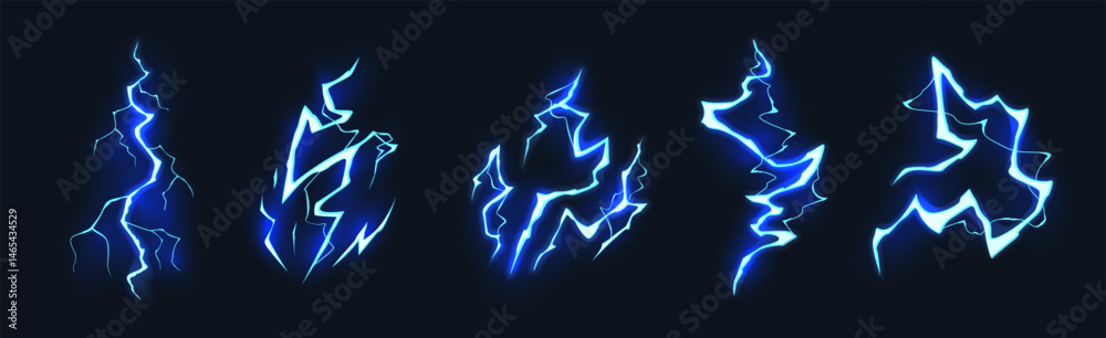 Cartoon lightning. Thunder bolt blue strikes, glowing electric hit effect, comic thunderbolt, Magic power game elements. Lightnings shining flash isolated on dark. Vector set Cartoon lightning. Thunder bolt blue strikes, glowing electric hit effect, comic thunderbolt, Magic power game elements. Lightnings shining flash isolated on dark. Vector set