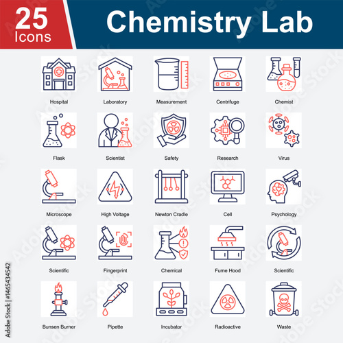 Chemistry Lab is a collection of icons representing laboratory equipment, chemical research, safety protocols, and scientific procedures used in analyzing chemicals, biology, and medical experiments.