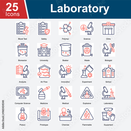 Laboratory is a collection of icons representing scientific research, lab safety, chemical experimentation, medical analysis, and innovative testing environments used in educational, clinical.