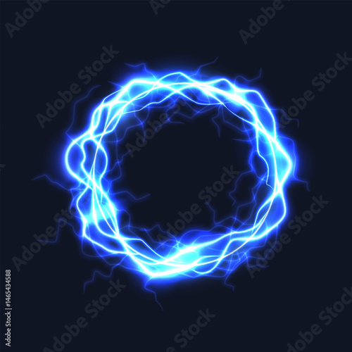 Blue lightning circle. Cartoon glowing electric strike round effect. Glowing blue fire frame, magic power ring, game portal. Energy teleport vector background