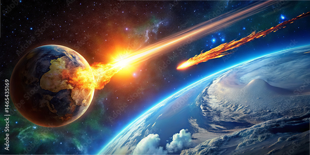 Fototapeta premium An asteroid hurtles towards Earth with a bright trail of fire, signaling an impending impact. The vibrant cosmos surrounds this catastrophic event, showcasing the beauty of space