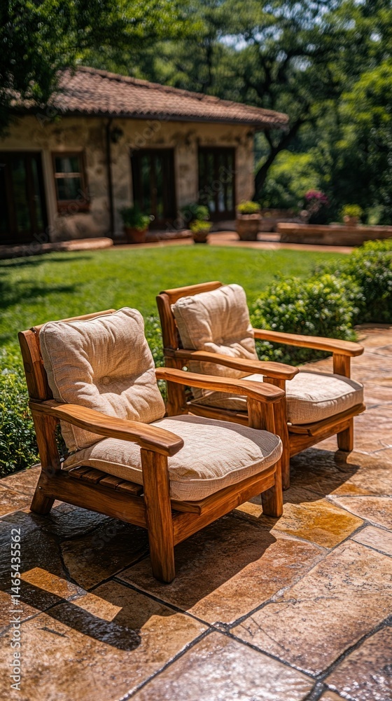 Fototapeta premium Two wooden chairs on tiled terrace with blurred house