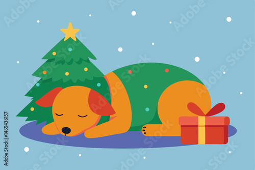 family dog wrapped in tinsel sleeping under the 