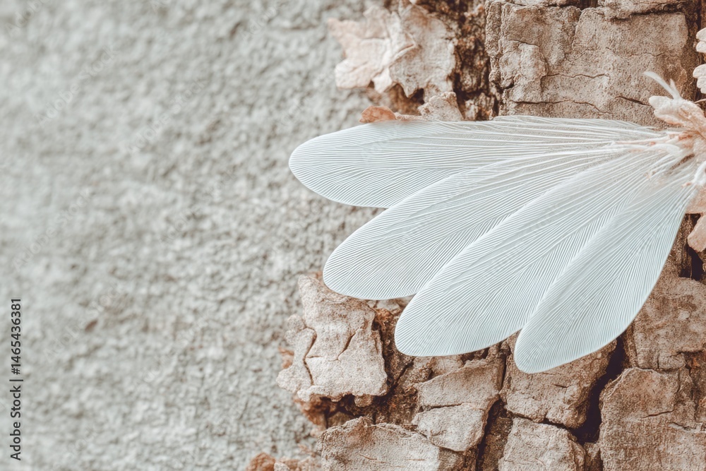 Close-up of Insect Wing Detail Resting Next to Textured Tree Bark in Natural Setting