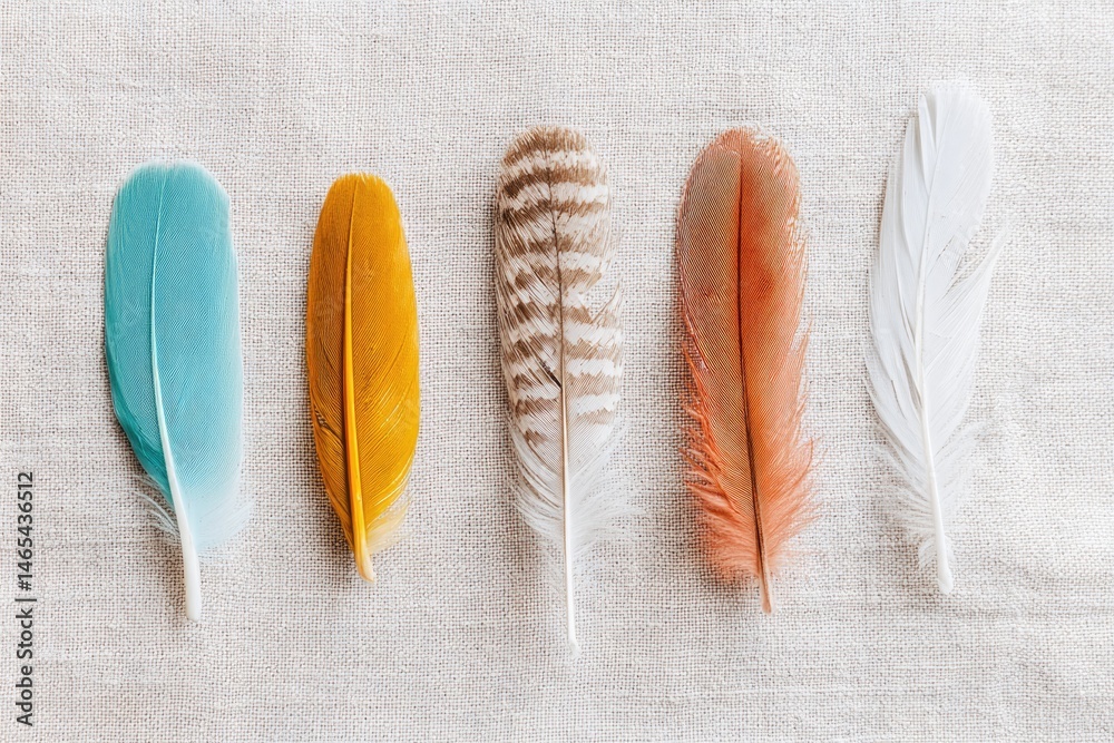 Display of Colorful Bird Feathers From Different Species Showcasing Unique Patterns and Textures in a Natural Setting