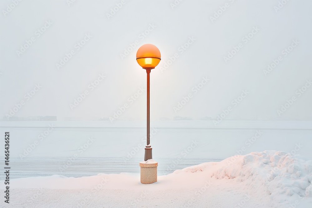 Flickering Streetlamp in a Snow Blizzard Illuminating a Quiet Winter Landscape Near Frozen Water
