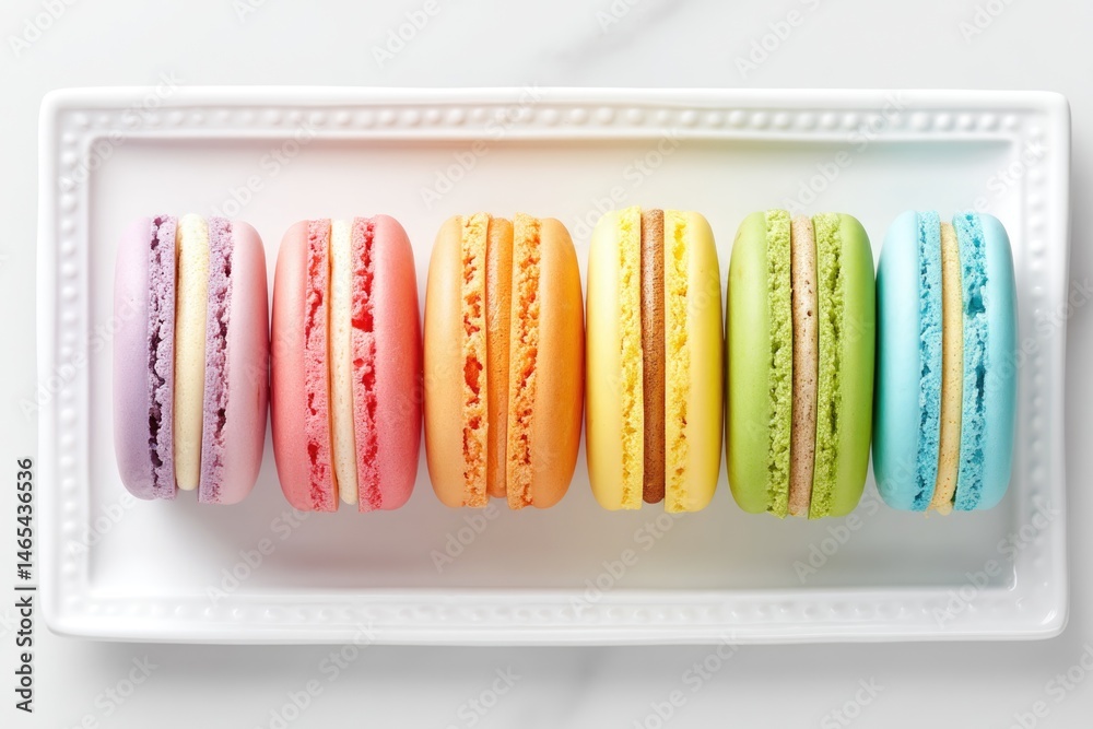 Macarons Arranged in a Beautiful Rainbow Gradient on a White Platter for a Delightful Dessert Display