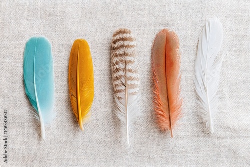 Obraz na płótnie Display of Colorful Bird Feathers From Different Species Showcasing Unique Patterns and Textures in a Natural Setting w salonie