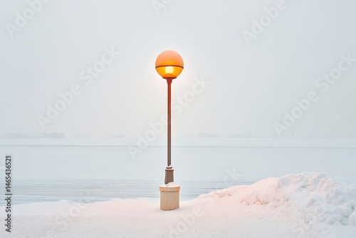 Obraz na płótnie Flickering Streetlamp in a Snow Blizzard Illuminating a Quiet Winter Landscape Near Frozen Water w salonie