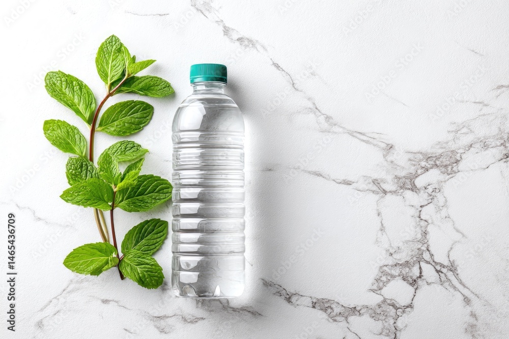 Refreshing Sparkling Water Beside Fresh Mint on a Minimalist White Marble Surface