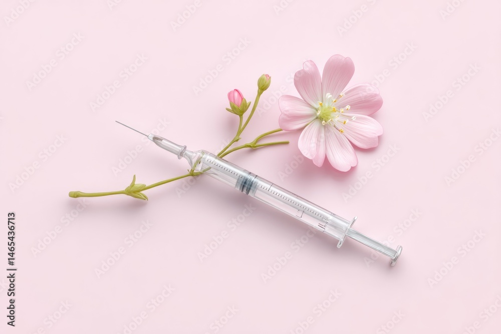 Syringe and Flower Combine to Symbolize Health and Nature in a Minimalist Design on a Soft Pastel Background