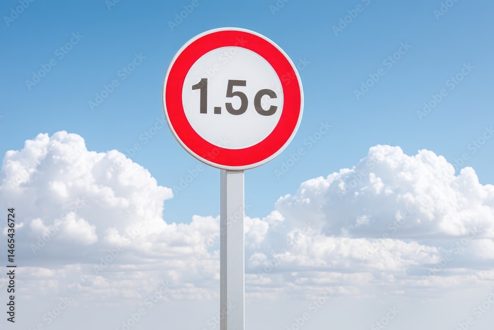 Minimalist Road Sign Indicates Temperature Limit of 1.5 Degrees Celsius Against a Clear Blue Sky With Clouds
