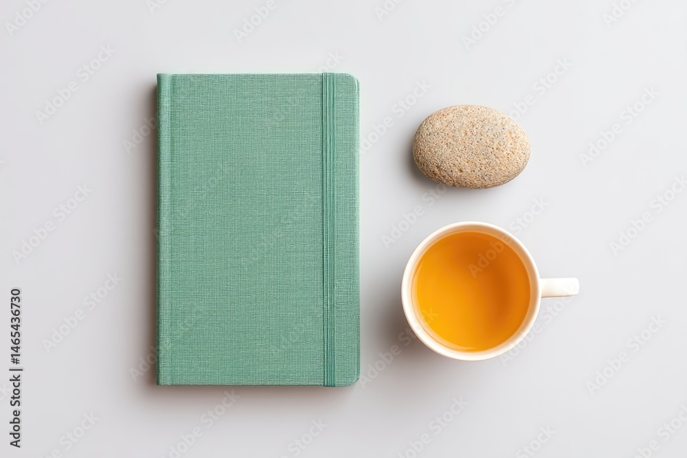 Minimalist Tabletop Arrangement Featuring a Closed Planner and a Warm Cup of Tea