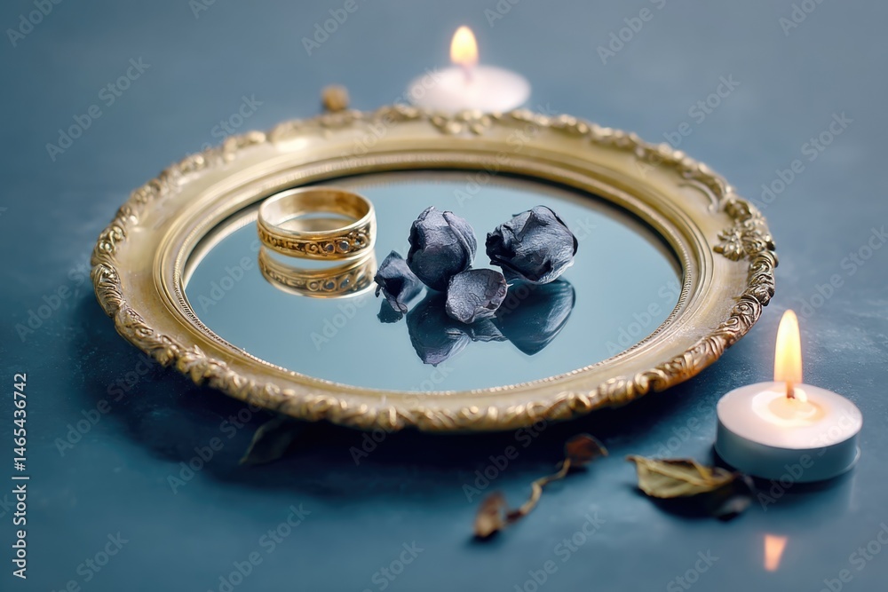 Decorative Mirror Tray Displaying Antique Rings Alongside Dried Black Roses and Lit Candles, Creating a Moody, Romantic Atmosphere Perfect for an Elegant Setting or Thematic Decor