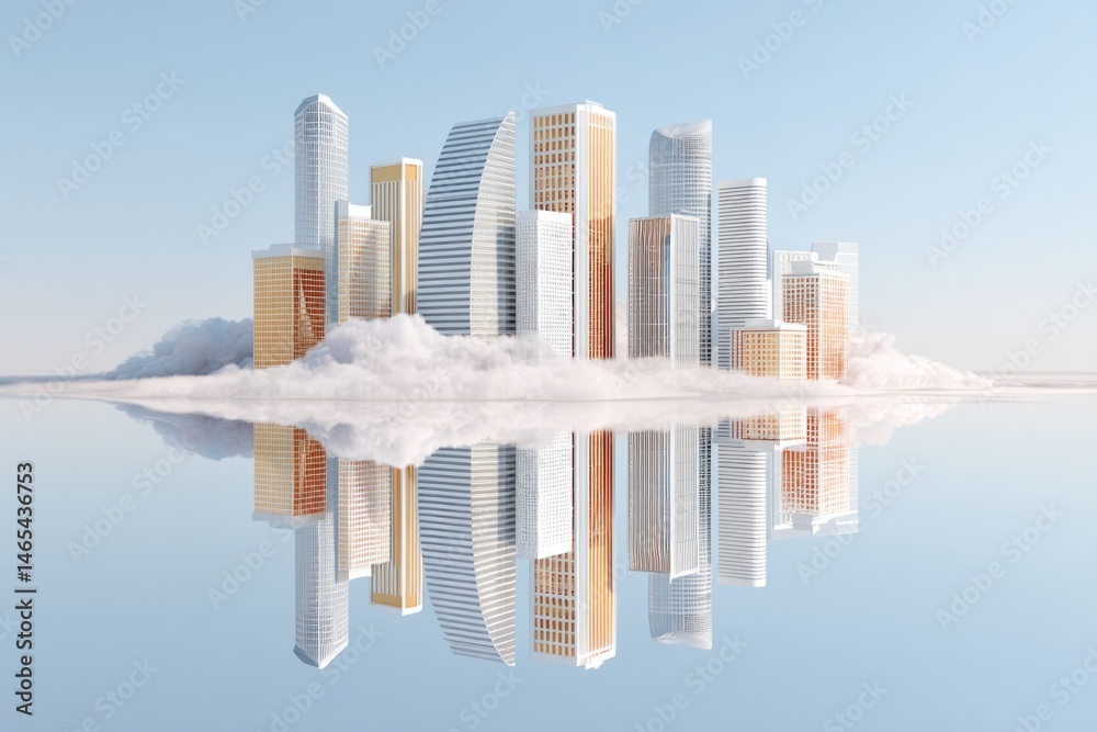 Mirrored City Skyline Reflecting on Water With a Dreamy Cloud Formation Below During Daylight