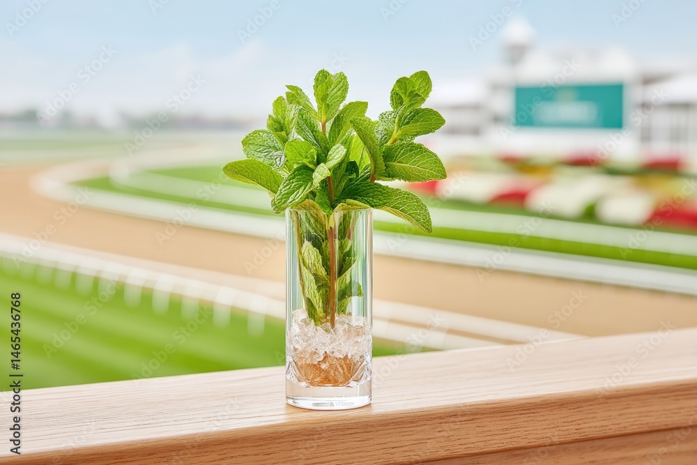 Mint Julep Glass With Fresh Mint Leaves at a Horse Racing Track During a Sunny Day