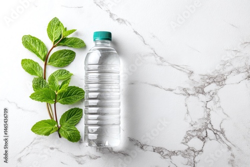 Obraz na płótnie Refreshing Sparkling Water Beside Fresh Mint on a Minimalist White Marble Surface w salonie