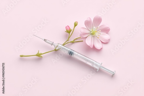 Obraz na płótnie Syringe and Flower Combine to Symbolize Health and Nature in a Minimalist Design on a Soft Pastel Background w salonie