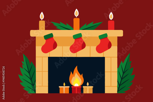 fireplace mantle covered in fresh pine  glowing 