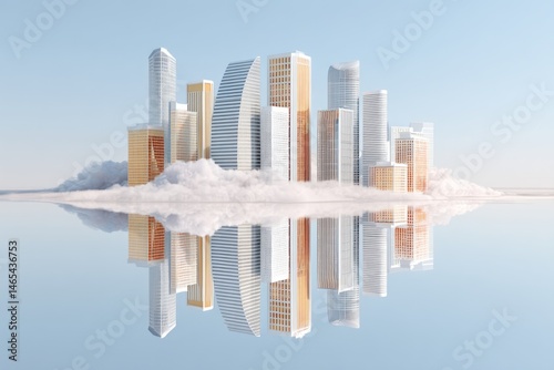 Obraz na płótnie Mirrored City Skyline Reflecting on Water With a Dreamy Cloud Formation Below During Daylight w salonie