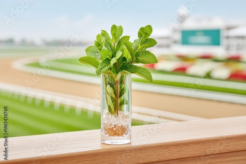 Obraz na płótnie Mint Julep Glass With Fresh Mint Leaves at a Horse Racing Track During a Sunny Day w salonie