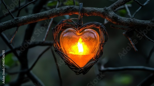 A heart aglow, confined within a wire casing, represents love and hope in an atmosphere of mystique