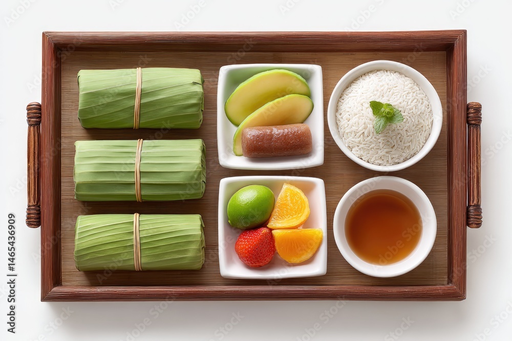 Offering Tray With Rice, Fruits, and Sweets Presented During Traditional Ceremony