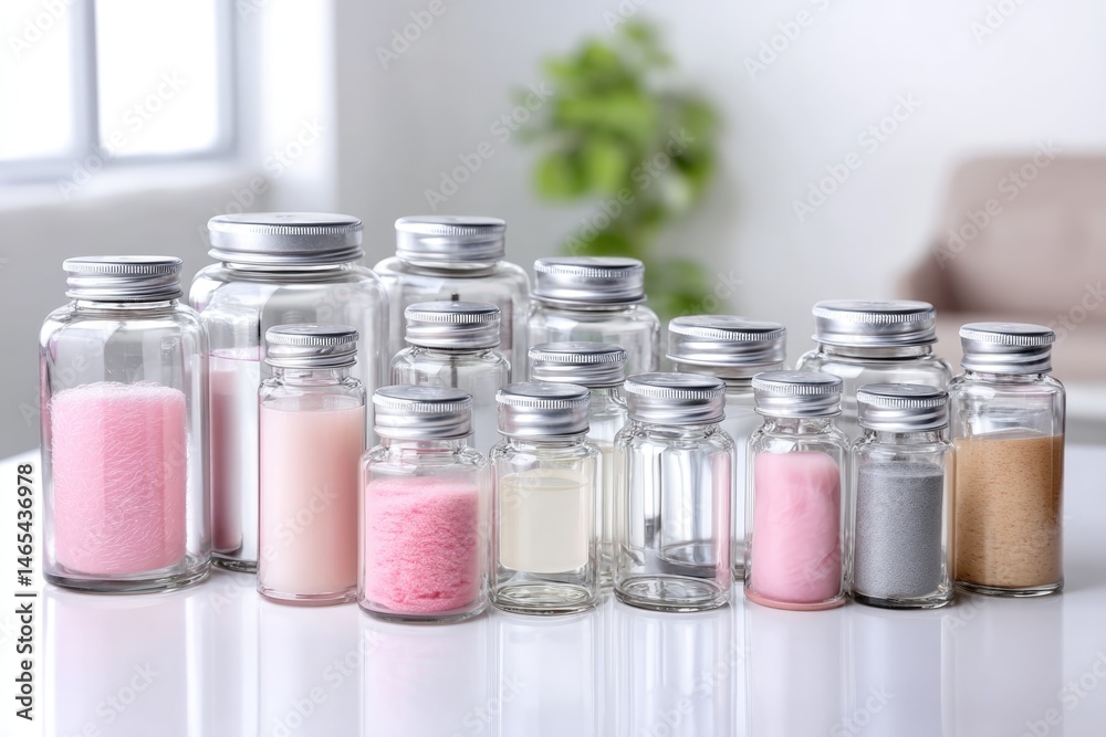 Overhead View of Labeled Glass Containers Filled With Various Powders and Liquids in a Bright Laboratory Setting