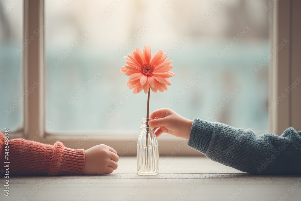 Children's Hands Gently Placing a Flower in a Small Vase on a Wooden Table by a Window During Soft Afternoon Light