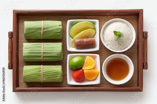 Obraz na płótnie Offering Tray With Rice, Fruits, and Sweets Presented During Traditional Ceremony w salonie