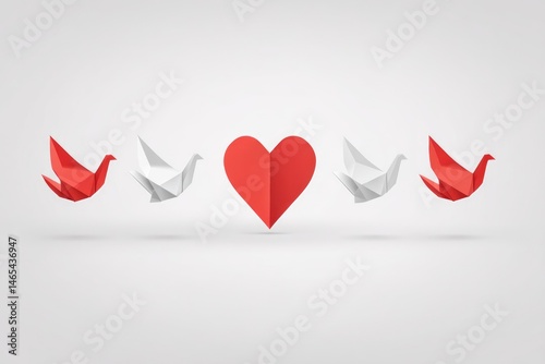 Obraz na płótnie Origami Heart Transforms Into Delicate Doves Representing Love and Peace in a Serene Design w salonie