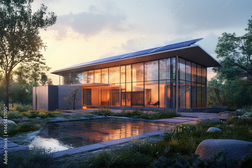Modern residence with expansive glass facade at sunset. Modern residence with expansive glass facade at sunset.