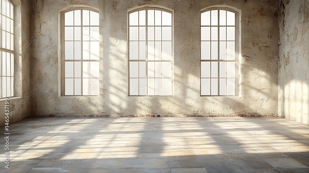 Fototapeta premium Empty industrial space with large arched windows.