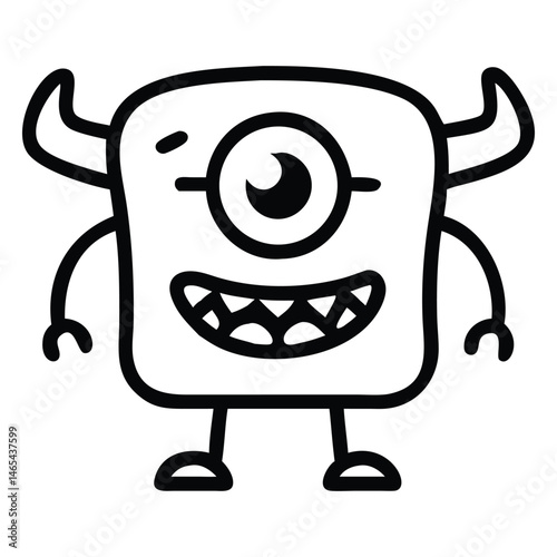 Cartoon monster with one eye and small horns cheerfully smiles over white