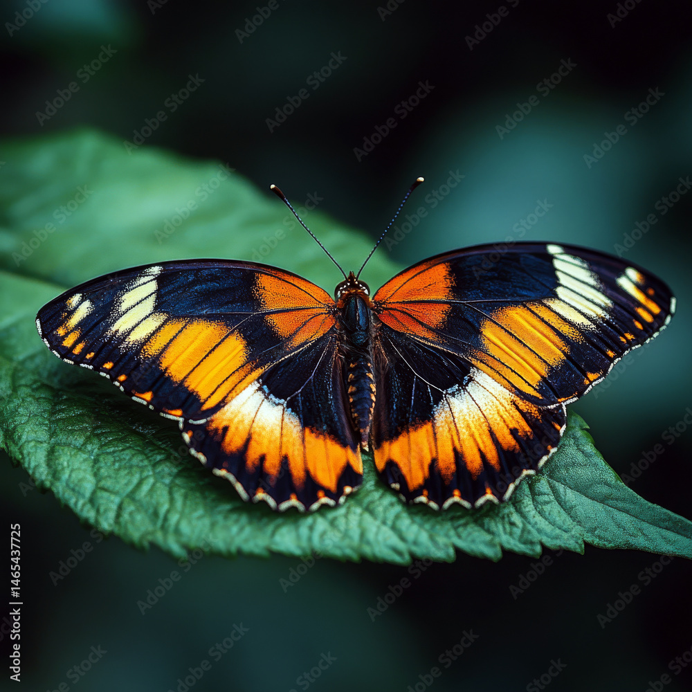Butterfly with black, orange, and white wings rests on a green leaf. Concept of nature and beauty. For educational materials.