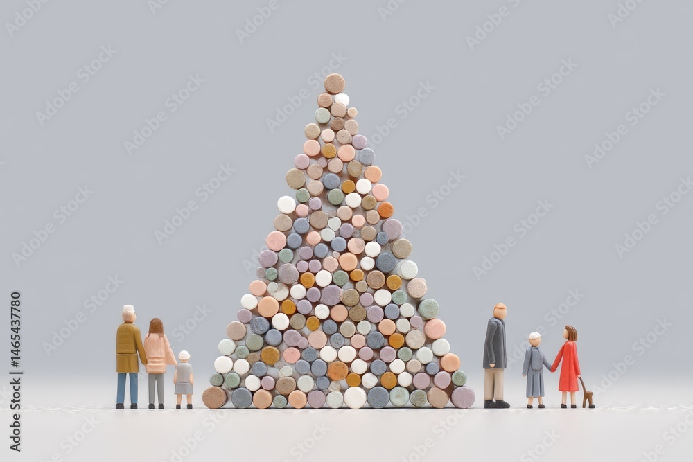 Soft Overlapping Circles Create a Unique Tree-Like Structure Beside Small Figures in a Serene Environment