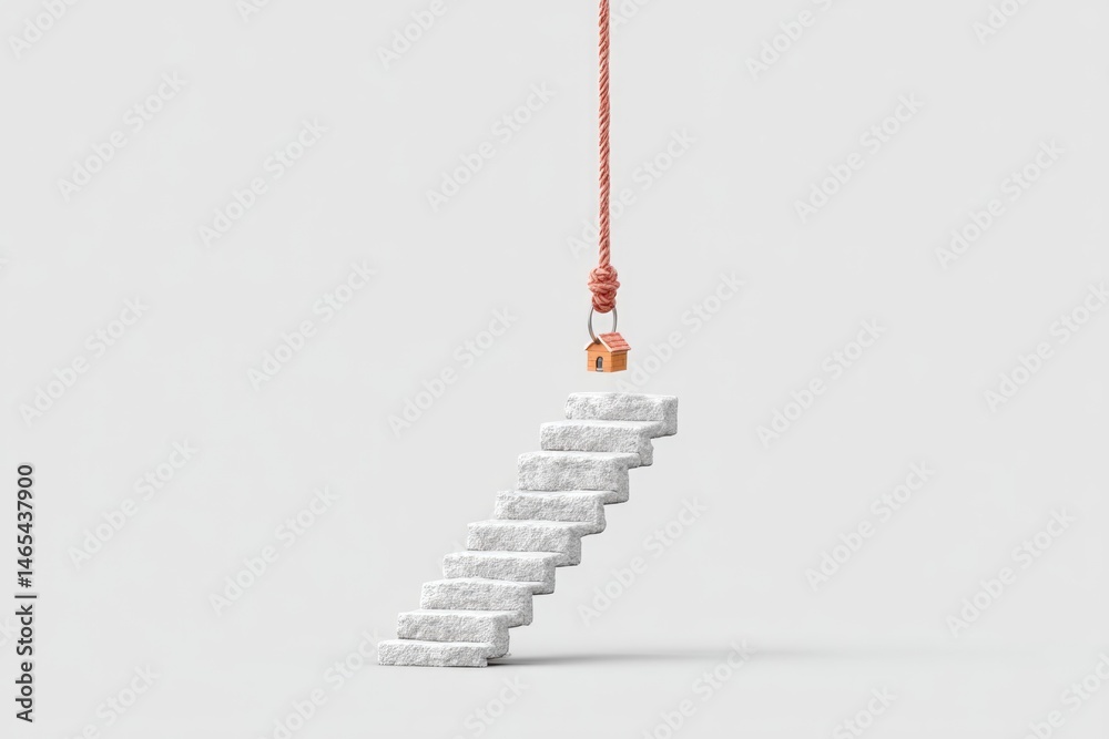 Stairs Lead to a Floating Key Suspended by a Rope, Showcasing a Surreal and Imaginative Concept of Aspiration and Unattainability