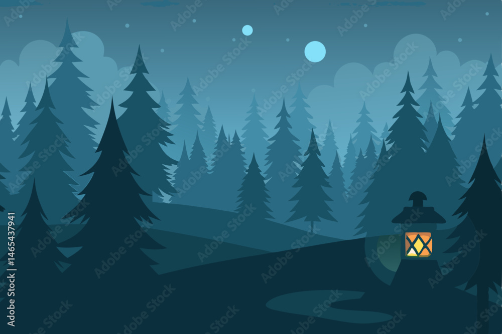 Fototapeta premium foggy pine forest at dawn with snowy animal tracks.svg