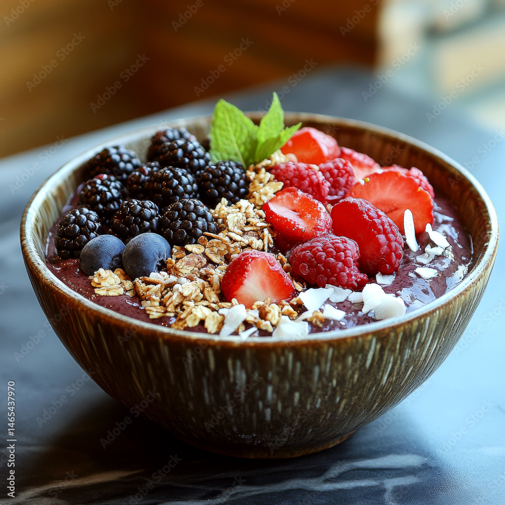 A bowl filled with vibrant acai topped with fresh berries, granola, and a sprig of mint on a table. Concept of healthy and colorful breakfast. For food magazine photos.