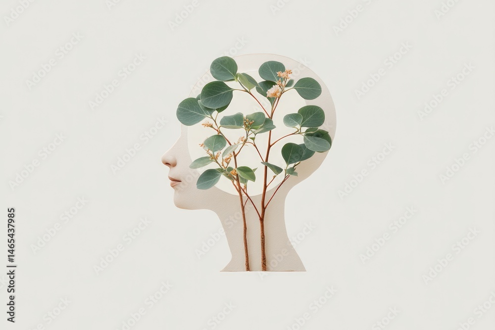 Stylized Silhouette of a Human Head With Plants Symbolizing Growth and Nature Integration