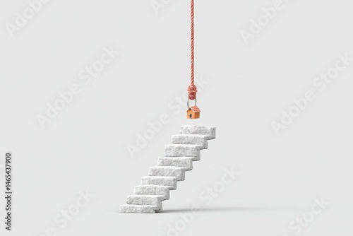 Obraz na płótnie Stairs Lead to a Floating Key Suspended by a Rope, Showcasing a Surreal and Imaginative Concept of Aspiration and Unattainability w salonie