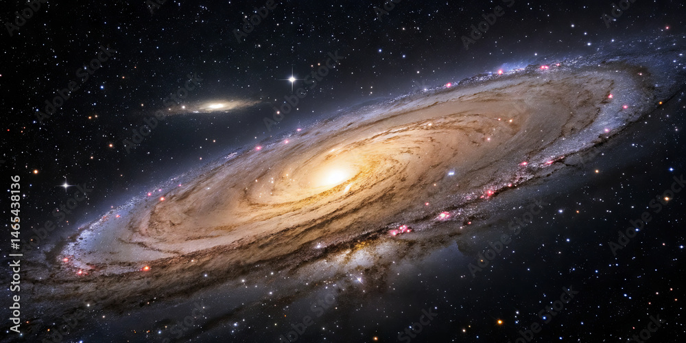 Fototapeta premium A magnificent spiral galaxy showcases its swirling arms filled with stars and cosmic dust. The glowing center radiates light into the dark expanse of space, creating a breathtaking view
