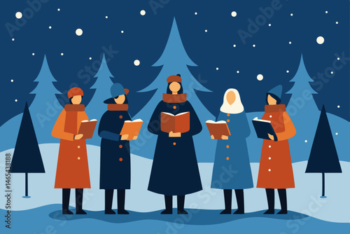 forest clearing with carolers bundled in coats