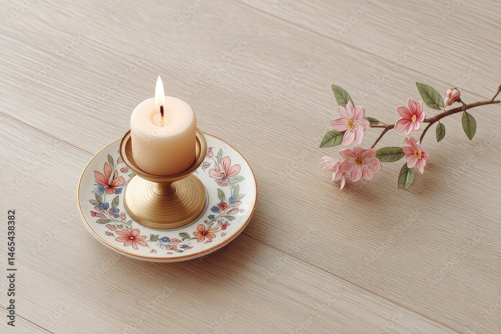 Vesak Celebration Setup Featuring a Brass Candle Holder and Floral Decor on a Wooden Floor